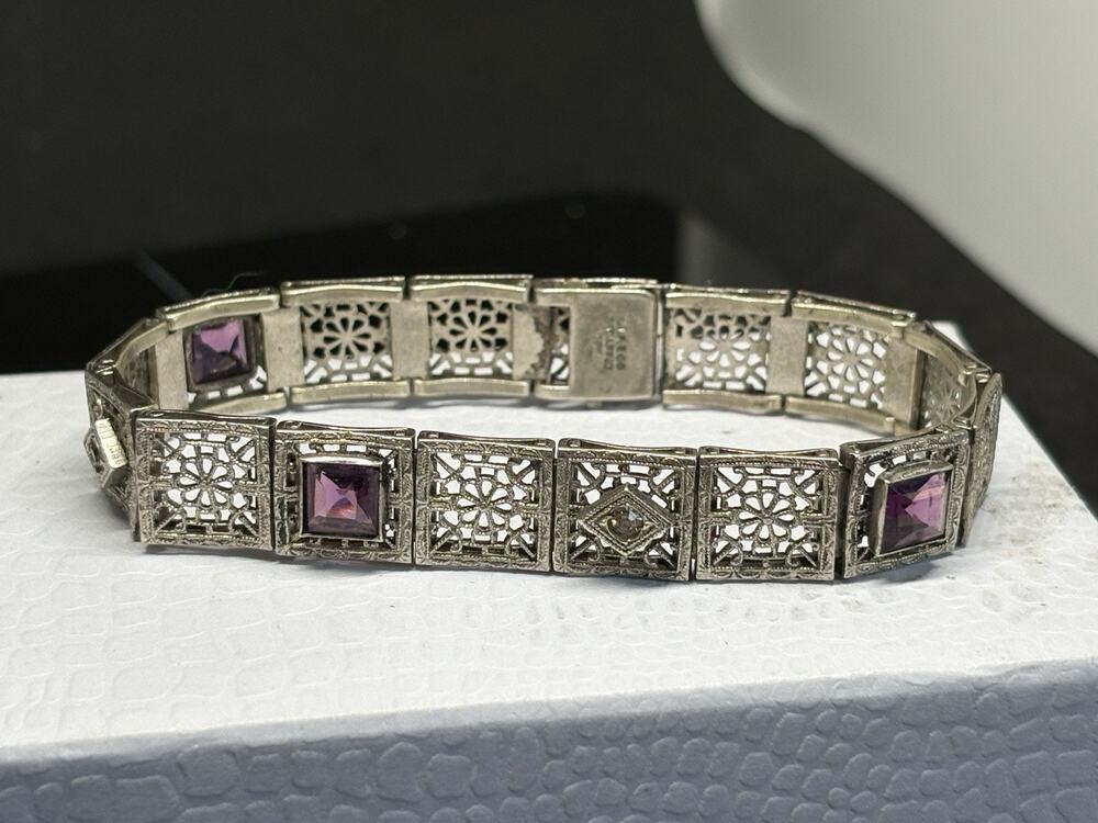 Antique Art Deco Rhodium Filigree Bracelet Silver Tone Amethyst Diamond Paste